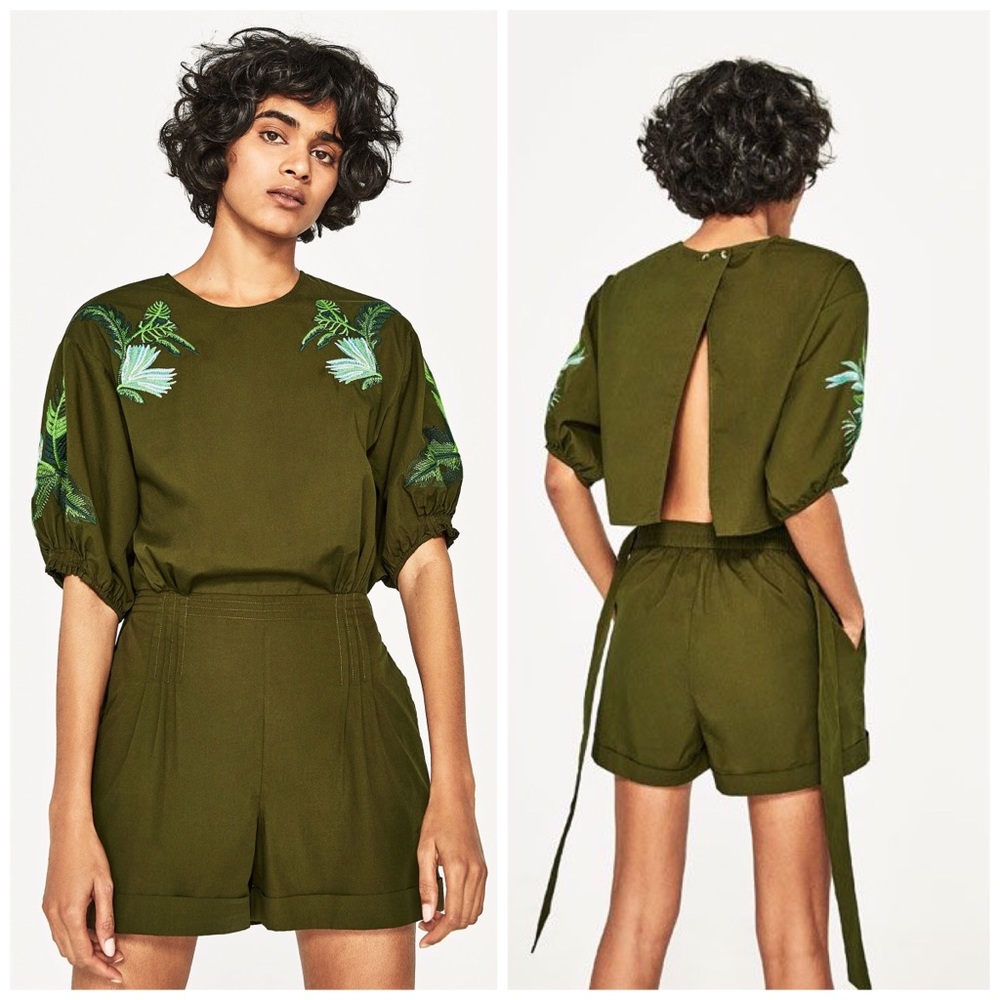 Zara Hunter Green Embroidered Romper Sz S small